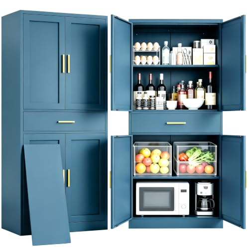 CJF 71" Blue Metal Kitchen Pantry Cabinet with Drawer, Tall Storage Cabinet with 2 Adjustable Shelves and Doors, Heavy Duty Freestanding Floor Cupboard for Home, Kitchen, Dining, Living - color: Blue, size: 71"Hx 28"Wx 14"D-1Drawer