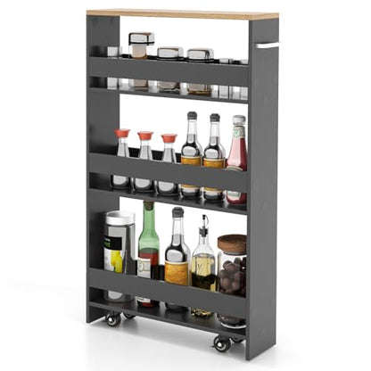Slim Storage Cart, 4-Tier Rolling Cart with Handle & Wooden Top for Kitchen Bathroom Laundry Living Room Narrow Small Spaces, 5 Inches Width (Grey & Natural) - color: Grey & Natural