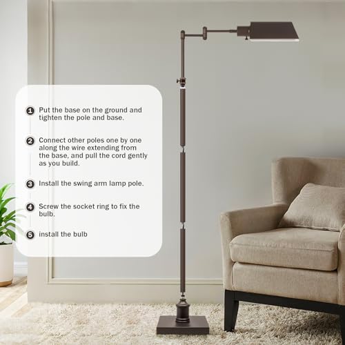 Traditional Height Adjustable Pharmacy Floor Lamp with 350° Swing Arm, Color Temperature Adjustable Standing Lamp Metal Shade for Living Room Reading House Bedroom Home Office(Bronze) - color: Bronze