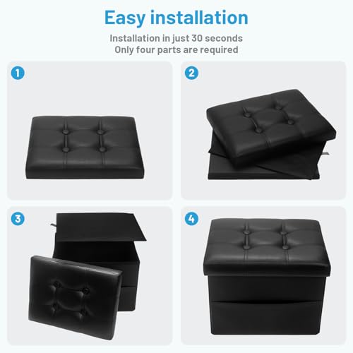 Bsketa Storage Ottoman Bench,17 Inch Folding Leather Foot Rest Stool, Black | Small Ottoman with Side Pockets, Thicker Foam Padded Seat, Livingroom, Dorm, Bedroom, Easy to install, 43L,17x13x13in - color: Black-with Side Pockets.