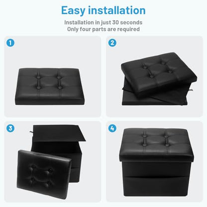 Bsketa Storage Ottoman Bench,17 Inch Folding Leather Foot Rest Stool, Black | Small Ottoman with Side Pockets, Thicker Foam Padded Seat, Livingroom, Dorm, Bedroom, Easy to install, 43L,17x13x13in - color: Black-with Side Pockets.