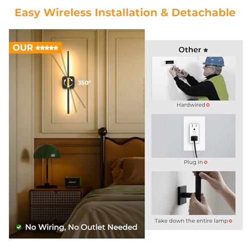GvvooHome Battery Operated Wall Sconce Detachable 360°Rotate, Wireless Wall Lamp 3000-6500K Dimmable, 10000mAh Rechargeable Wall Light for Bedroom, Living Room，28" Black Gold（4 Pack | Rechargeable Wall Light 3000-6500K with Remote Control 10000mAh for Bed