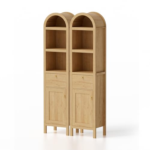 67" Tall Arched Bathroom Narrow Storage Cabinets Set of 2 with Adjustable Shelf, Farmhouse Freestanding Tower Cabinet with Door and Drawer for Kitchen, Living Room, Natural Oak - color: Natural Oak, size: 2 PCS