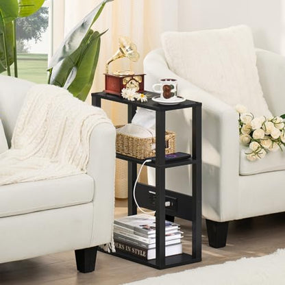YUFAM 3-Tier Small Narrow Wood Side Table with Charging Station, Skinny Nightstand for Small Space, Slim Bedside Table with Storage for Couch, Thin End Table with USB Ports and Outlets, Black | Thin Side Table for Small Spaces, Slim End Table with USB and