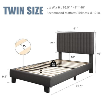 Einhomn Twin Size Bed Frame with Headboard, Upholstered Linen Platform Bedframe with Solid Wooden Slats, Noise-Free, No Box Spring Needed, Easy Assembly, Dark Grey - color: Dark Grey, size: Twin