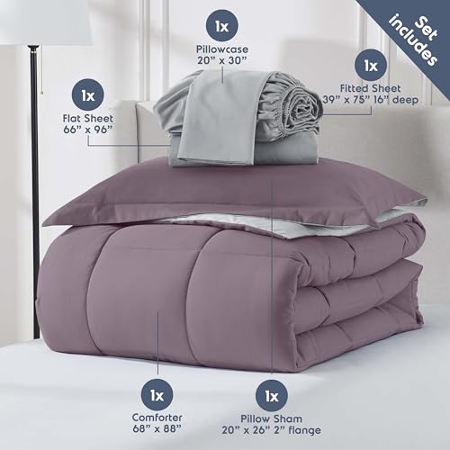 Nestl 5 Piece Twin Comforter Set – Dusty Purple Reversible Bed in a Bag – Complete Twin Size Bedding Set with Sheets, Pillowcase and Sham - color: Dusty Purple, size: Twin