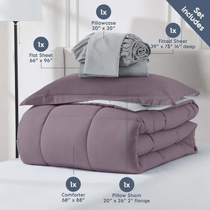 Nestl 5 Piece Twin Comforter Set – Dusty Purple Reversible Bed in a Bag – Complete Twin Size Bedding Set with Sheets, Pillowcase and Sham - color: Dusty Purple, size: Twin
