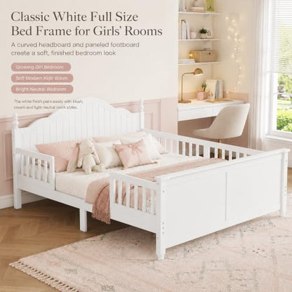 Full Size Kids Bed Frame with Removable Guardrails, Low Profile, White | 3 guardrail setups: all installed, front removed or all removed; 8 slats; 6-inch mattress sold separately; no box spring - color: White, size: Full
