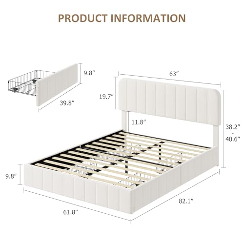 Garvee Queen Size Velvet Bed Frame with 4 Drawers, Adjustable Headboard | Upholstered Platform Bed with Vertical Channel Tufted Design, Noise Free Bed Frame, No Box Spring Needed, Easy Assembly - color: Beige
