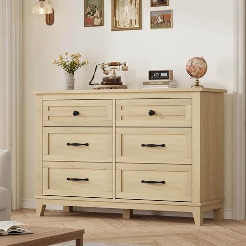 GarveeHome 6 Dresser for Bedroom, 47 in Wide Drawer Dresser with Storage Freestanding, Wooden Closet Storage Chest for Living Room, Bedroom, Entryway, Natural Oak - color: Natural Oak, size: 15.8"D x 47.2"W x 32.1"H (6 Drawers)
