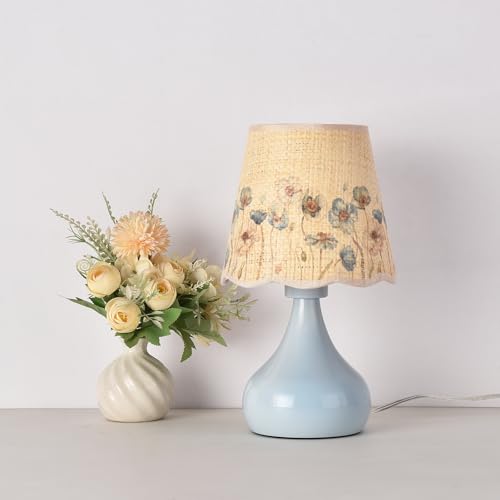 Ziqqeelam Blue Small Bedside Cute Table Lamp for Bedroom, Table Lamps for Nightstand, Scalloped Rattan Shade Table Lamps for Small Spaces for Bedroom, Home Office, Living Room - color: Blue-Flowers, size: On/Off Switch
