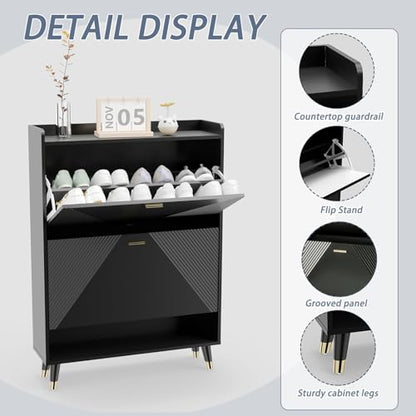 Black Shoe Cabinet for Entryway: 65" Shoe Cabinet with 4 Flip Drawers | Ultra Thin Shoe Cabinet Storage for Entryway, Fluted Shoes Rack Hidden, Modern Slim Shoe Organizer Cabinet for Hallway - size: 4 drawers