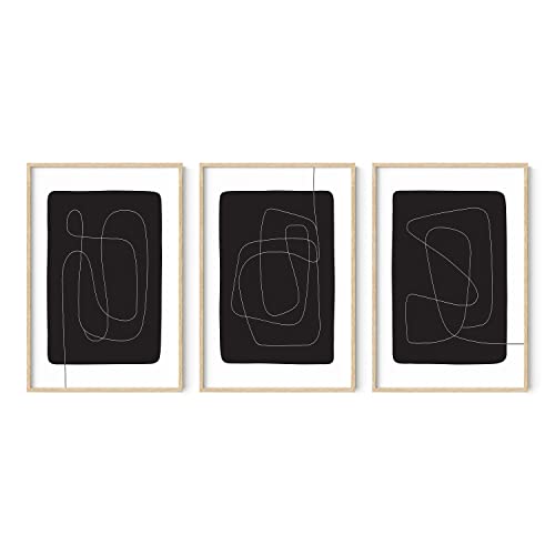 HAUS AND HUES Black and White Wall Art - Set of 3 Minimalist Abstract Prints, Modern Monochrome Decor (Beige Frame, 24x36) - color: Black Line Art, size: 24"L x 36"W, style: Beige Framed