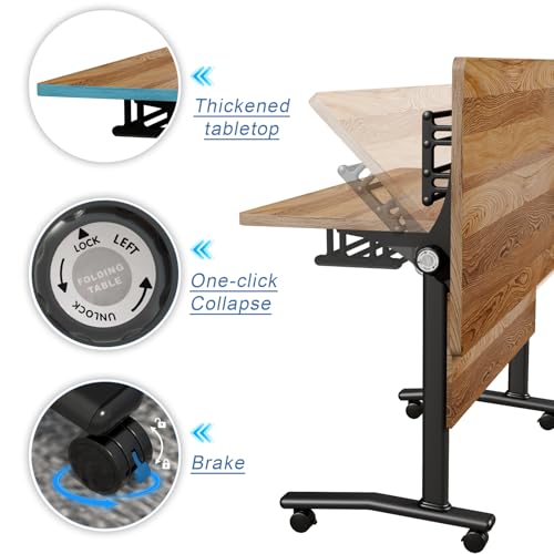 Folding Conference Table with Wheels, Flip Top Folding Conference Room Table for 2-12 Person, Mobile Training & Meeting Room Table, Modular Nesting Office Boardroom Desk with Lockable Casters - color: Light Walnut, size: 61in