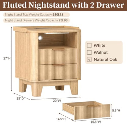 Baoz Fluted Nightstand with Charging Station & 2 Drawers, Natural Oak | 20" Wide Mid Century Modern Bedside Table with Light Wood Curved Profile 27in Tall LED Night Stand for Bedroom - color: Oak, size: 2 Drawers