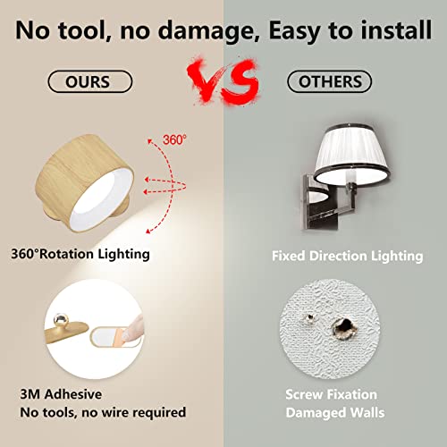 Deyagoo LED Wall Sconce, Rechargeable Wall Light with Remote-Wood | 3 Colors, Dimmable, Magnetic Rotating Head, 360 Degree Rotate - color: A-Wood