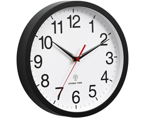 Wall Clock Analog 10 Inch Atomic Battery Operated Silent Clock | Black, Easy To Read, Non Ticking, Round, Accurate, Kitchen, Living Room, Classroom, Office, School - color: Atomic_black, size: 10 Inch
