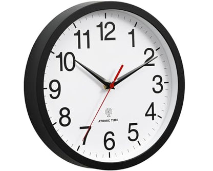 Wall Clock Analog 10 Inch Atomic Battery Operated Silent Clock | Black, Easy To Read, Non Ticking, Round, Accurate, Kitchen, Living Room, Classroom, Office, School - color: Atomic_black, size: 10 Inch