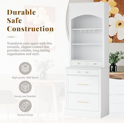 Modern 28.7x17.5x83.7 Inch Tall Kitchen Pantry Cabinet, Freestanding Hutch with Faux Marble Top, 5 Drawers & Adjustable Shelf, Glass Holders, Space-Saving Storage for Kitchen/Dining Room (1, White) - color: White