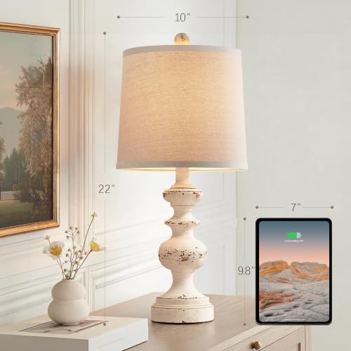 Farmhouse Table Lamp Set of 2, Rustic Table Lamps for Living Room Bedroom, 22" Mid Century Modern Desk Lamp Bedside Nightstand Lamps with Linen Tapered Drum Shades, Washed White - color: Washed White