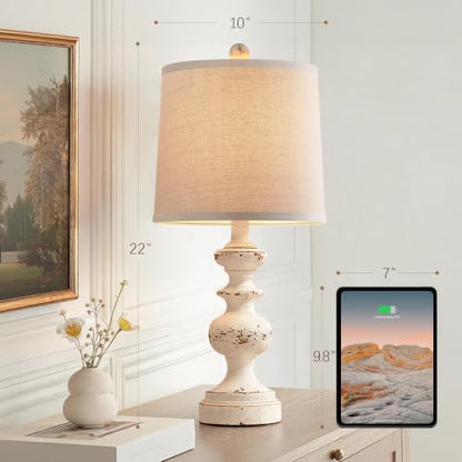 Farmhouse Table Lamp Set of 2, Rustic Table Lamps for Living Room Bedroom, 22" Mid Century Modern Desk Lamp Bedside Nightstand Lamps with Linen Tapered Drum Shades, Washed White - color: Washed White