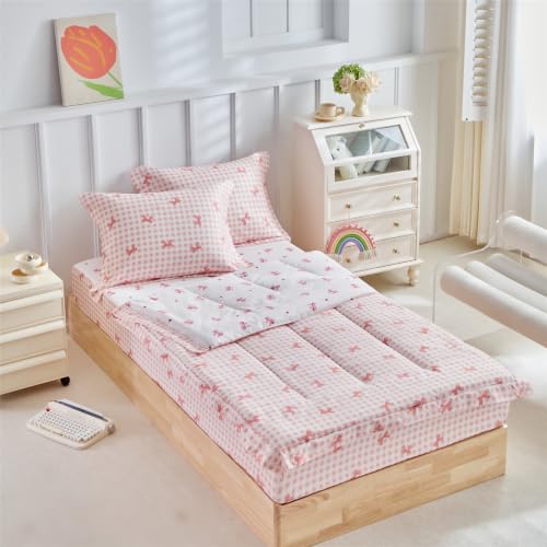 3pcs Kids Comforter Sets Zipper Bedding Set for Girls, Twin Kid Bedding Set Pink Bow Comforter Grid Bowknot Bedding for Kids, All in One Zipper Bedding(Pink，Twin) - color: Pink Bow, size: Twin-3pieces