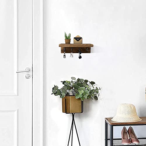 HRONRAD Rustic Key Holder for Wall, Farmhouse Wall Shelf with 4 Hooks, Wall Mounted Key Racks, Wooden Mail Organizer with Hooks for Entryway (Brown) - color: Brown