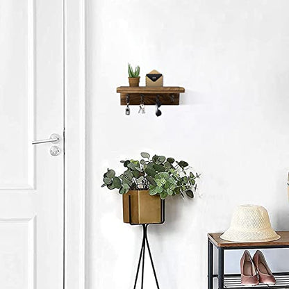 HRONRAD Rustic Key Holder for Wall, Farmhouse Wall Shelf with 4 Hooks, Wall Mounted Key Racks, Wooden Mail Organizer with Hooks for Entryway (Brown) - color: Brown