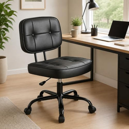 Armless Drafting Chair, Ergonomic PU Leather Home Office Computer Task Chair with Lumbar Support, Height Adjustable Swivel Rolling Chair for Small Spaces, Vanity, Bedroom, Study, Living Room, Black - color: Black -Basic