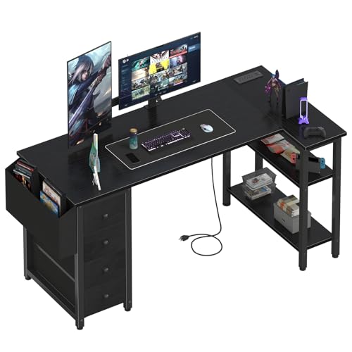 Lufeiya L Shaped Gaming Desk with Drawers & Storage Shelves, 55 Inch Corner Computer Desk with Power Outlet for Home Office Bedroom, L-Shaped Teen PC Desks with Fabric Drawer, Black - color: Black, size: 55.1"