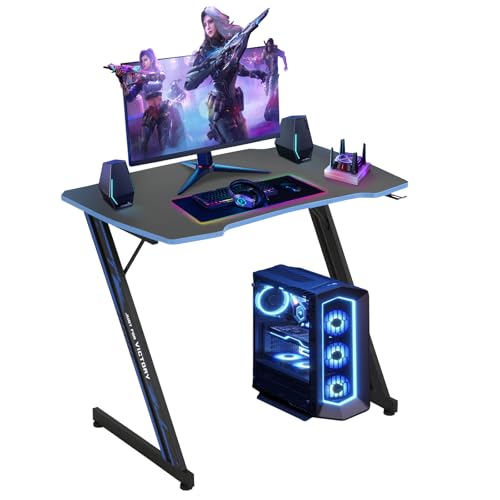 Dkelincs 35 inch Gaming Desk Z-Shaped Computer Desk PC Computer Table Home Office Desk Ergonomic Gamer Workstation with Headphone Hook, Blue - color: Blue, size: 35 Inch