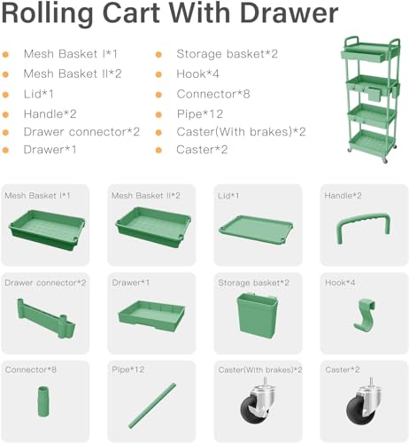 Sorgion 4 Tier Rolling Cart Organizer,Art Craft Diaper Bedside Snack Laundry Room Bathroom Organizer Narrow Thin Slim Rolling Trolley Utility Cart with Wheels for Kitchen,Office(Green) - size: 4Tier-Green