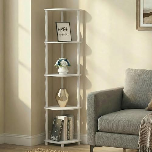 Furinno Turn-N-Tube Storage Shelves, 5-Tier Open Frame Book Shelf, Standing Corner Shelf, Toolless Open Shelves, Classic Tubes, for Organization and Storage, Living Room, Home Office, White - color: White/White, size: 5-Tier Classic Tube