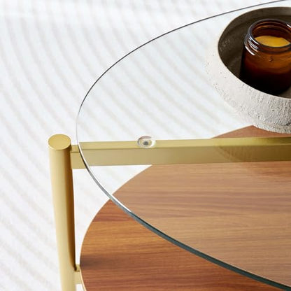 LumFurn Oval Glass Coffee Table, Surfboard Shaped Mid-Century Modern for Living Room, L43xW22xH17inch, Clear Glass and Walnut Finish Wood, Gold Finish Frame - color: Oval L43" Clear & Walnut