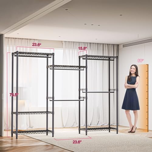 M MZG Heavy Duty Rolling Garment Rack 6 Tiers Adjustable Wire Shelving Clothes Rack with Rods Storage Closet Clothing Rack Black 15.7" D x 70.8" W x 76.5" H - color: Black, size: 3 composition 15.7"D x 70.8"W x 76.5"H