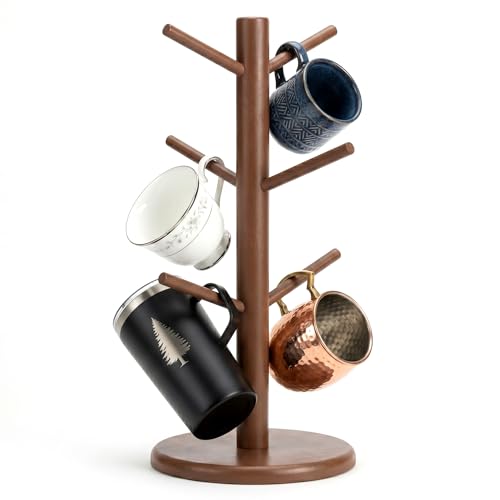 Bamboo Coffee Mug Tree with 6 Hooks, Brown Coffee Cup Holder for Countertop | Decorative Bamboo Mug Holder with 6 Hooks, Non-Slip Wooden Base, Easy-Access Mug Rack for Kitchen Coffee Bars Kitchen - color: Brown