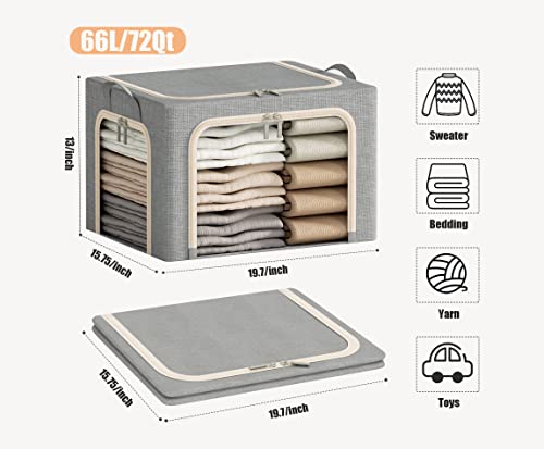 3 Openings Large Clothes Storage Bins with Metal Frame, Foldable Storage Bin for Clothes, Clothing Storage Bins with Lid, Linen Storage Box With Clear Window＆ Zippers＆ Handles.(3 Pcs,Light Grey,66L) - color: Light Grey, size: Large-(19.7 x 15.7 x 13)inche