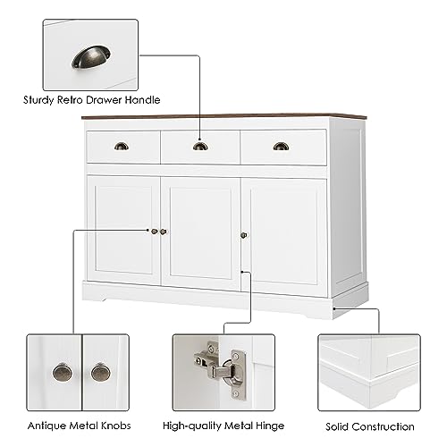 White Buffet Cabinet Storage Sideboard Farmhouse Server Bar Wine Cabinet with 3 Drawers & 3 Doors Adjustable Shelves Console Table for Dining Living Room Kitchen Cupboard - size: 15.6"D x 53.5"W x 34.1"H
