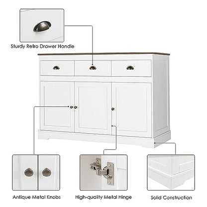 White Buffet Cabinet Storage Sideboard Farmhouse Server Bar Wine Cabinet with 3 Drawers & 3 Doors Adjustable Shelves Console Table for Dining Living Room Kitchen Cupboard - size: 15.6"D x 53.5"W x 34.1"H