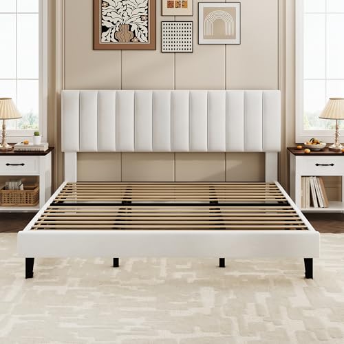 Garvee King Size Platform Bed Frame with Upholstered Headboard, White | Fully Velvet Upholstered Mattress Foundation with Height Adjustable Headboard, No Box Spring Needed, Easy Assembly - color: White, size: King