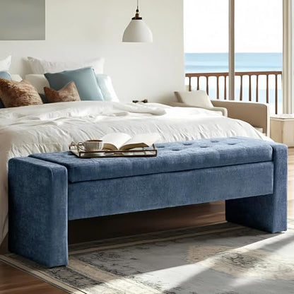 55" Modern Upholstered Storage Bench with Tufted Seat, Fabric Ottoman Bench for Bedroom, Entryway, or Living Room, Soft Close Hinge,Navy - color: Navy