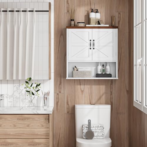 Bathroom Wall Cabinet with Barn Doors, Wall Mounted Bathroom Cabinet, Farmhouse Style, Adjustable Shelf, Wall Mounted Medicine Cabinets, 23.6 x 7.9 x 23.9 Inches - color: White, size: Large Bathroom Cabinet