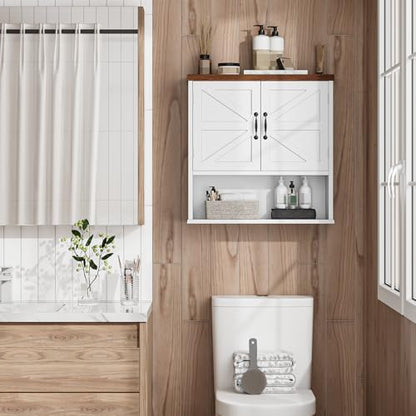 Bathroom Wall Cabinet with Barn Doors, Wall Mounted Bathroom Cabinet, Farmhouse Style, Adjustable Shelf, Wall Mounted Medicine Cabinets, 23.6 x 7.9 x 23.9 Inches - color: White, size: Large Bathroom Cabinet