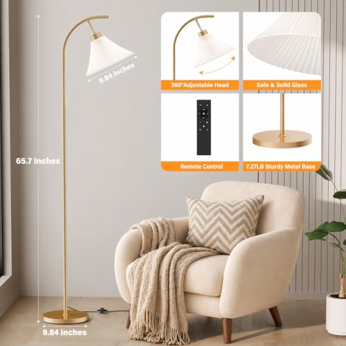 Gold Floor Lamp with Remote, Dimmable Glass Arc Standing Lamp, Ribbed Frosted Glass Shade, 3 Color Temperatures, Foot Switch, 9W LED Bulb for Living Room Bedroom Office - color: Gold
