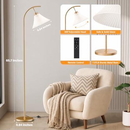 Gold Floor Lamp with Remote, Dimmable Glass Arc Standing Lamp, Ribbed Frosted Glass Shade, 3 Color Temperatures, Foot Switch, 9W LED Bulb for Living Room Bedroom Office - color: Gold