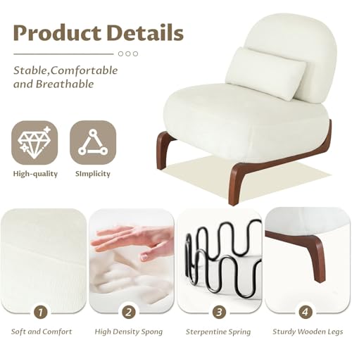 Upholstered Armless Accent Chair for Living Room, Modern Comfy Living Room Chairs with Wooden Legs & Pillows, Lounge Sofa Side Chair for Bedroom Reading (White, 1) - color: White