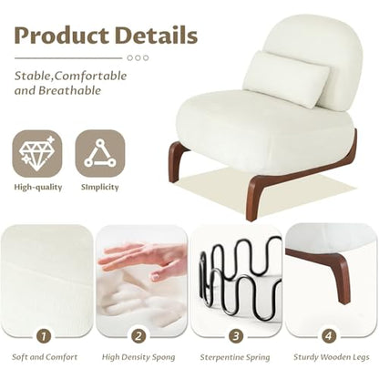 Upholstered Armless Accent Chair for Living Room, Modern Comfy Living Room Chairs with Wooden Legs & Pillows, Lounge Sofa Side Chair for Bedroom Reading (White, 1) - color: White