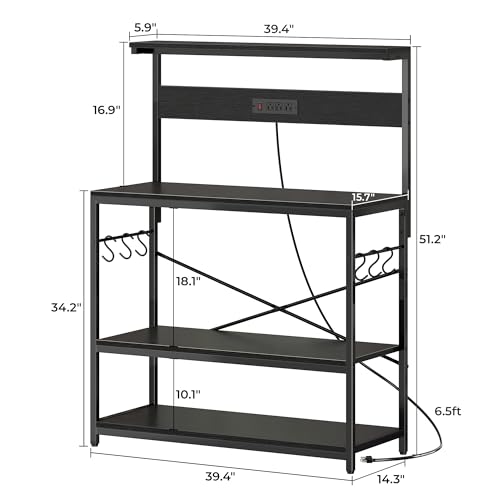 SUPERJARE Bakers Rack with Power Outlets, Microwave Stand, 39.4 X 14.3 Inch Larger Desktop, Kitchen Storage Rack with Adjustable Middle Shelf, 6 S-Shaped Hooks, Coffee Bar Stand, Black - color: Black, size: 39.4inch
