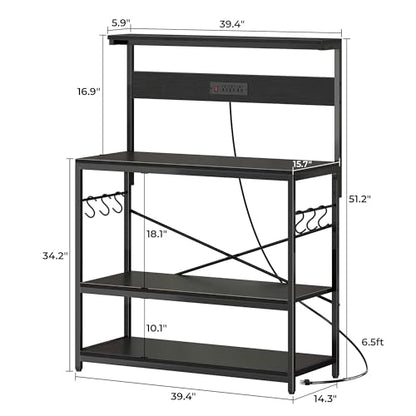SUPERJARE Bakers Rack with Power Outlets, Microwave Stand, 39.4 X 14.3 Inch Larger Desktop, Kitchen Storage Rack with Adjustable Middle Shelf, 6 S-Shaped Hooks, Coffee Bar Stand, Black - color: Black, size: 39.4inch