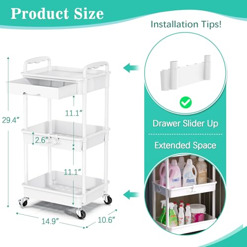 SUNALLY 3 Tier Rolling Cart with Drawer, Craft Storage Cart Organizer,White | Bathroom Storage Organizer with 2 Lockable Wheels, Rolling Utility Cart for Kitchen, Office, Baby, Makeup, Nail,Snack,Laundry - color: White, size: 3 Tier